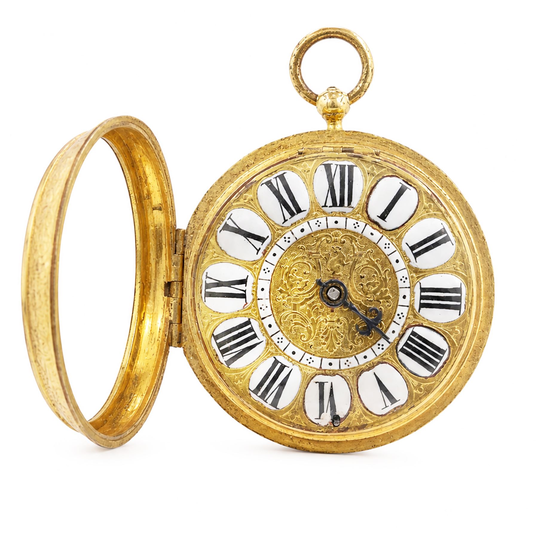 18th century French open face gilt verge fusee pocket watch by Jacques Panier, Paris, Egyptian pillars and pierced balance cock, embossed gilt dial with enamelled Roman numerals cartouches and inner enamel quarter hour track ring, the repousse back case decorated with angels in a classical setting