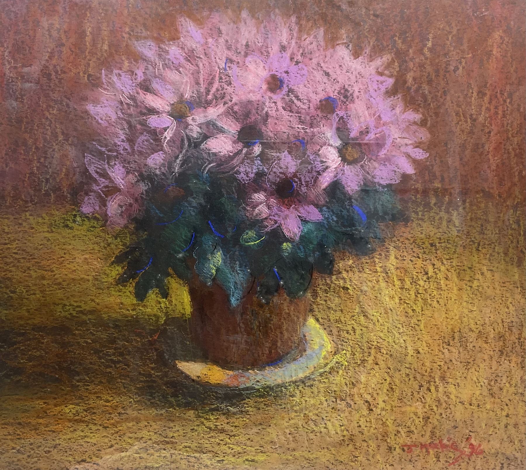 John Mackie (Scottish 1953-): Still Life of Blossoming Pink Daisies, pastel signed 57cm x 64cm 