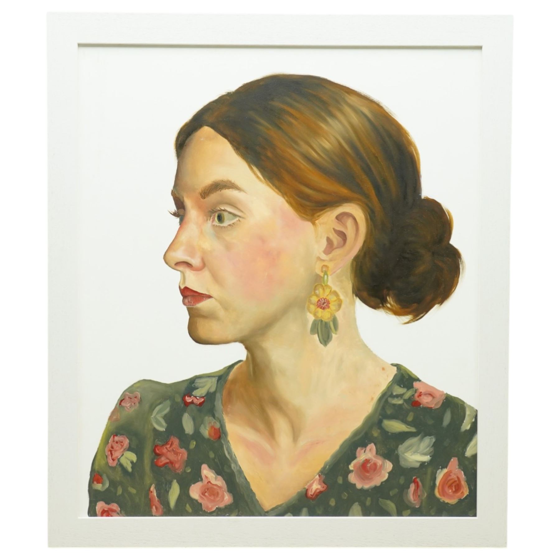 English School (Contemporary): Profile Portrait of a Lady in a Floral Dress, oil on board signed and inscribed verso 52cm x 45cm