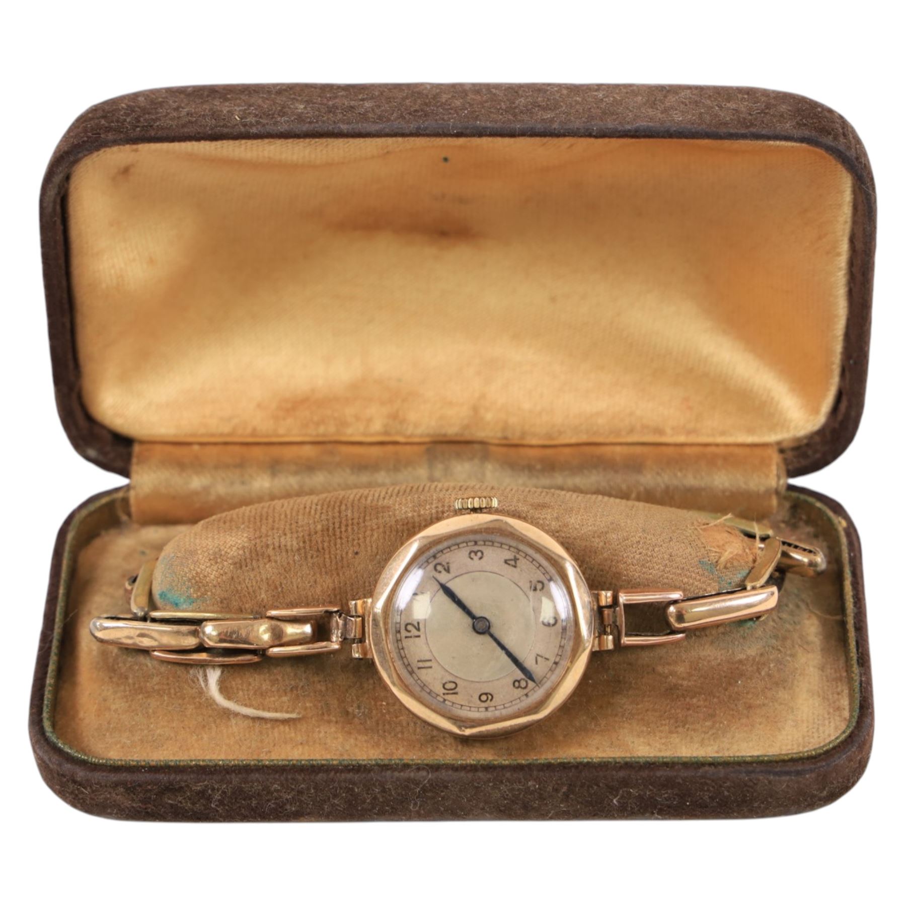 Four 9ct gold manual wind wristwatches, three on gold-plated bracelet straps