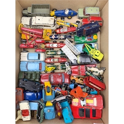 Various makers - quantity of unboxed and playworn die-cast models including Dinky Ferrari Racing Car, Austin Devon, Massey Harris Tractor, Plymouth Plaza etc, seven Corgi Racing Cars, Budgie Towing Tender and Breakdown Truck, Spot-On Ford Zodiac etc
