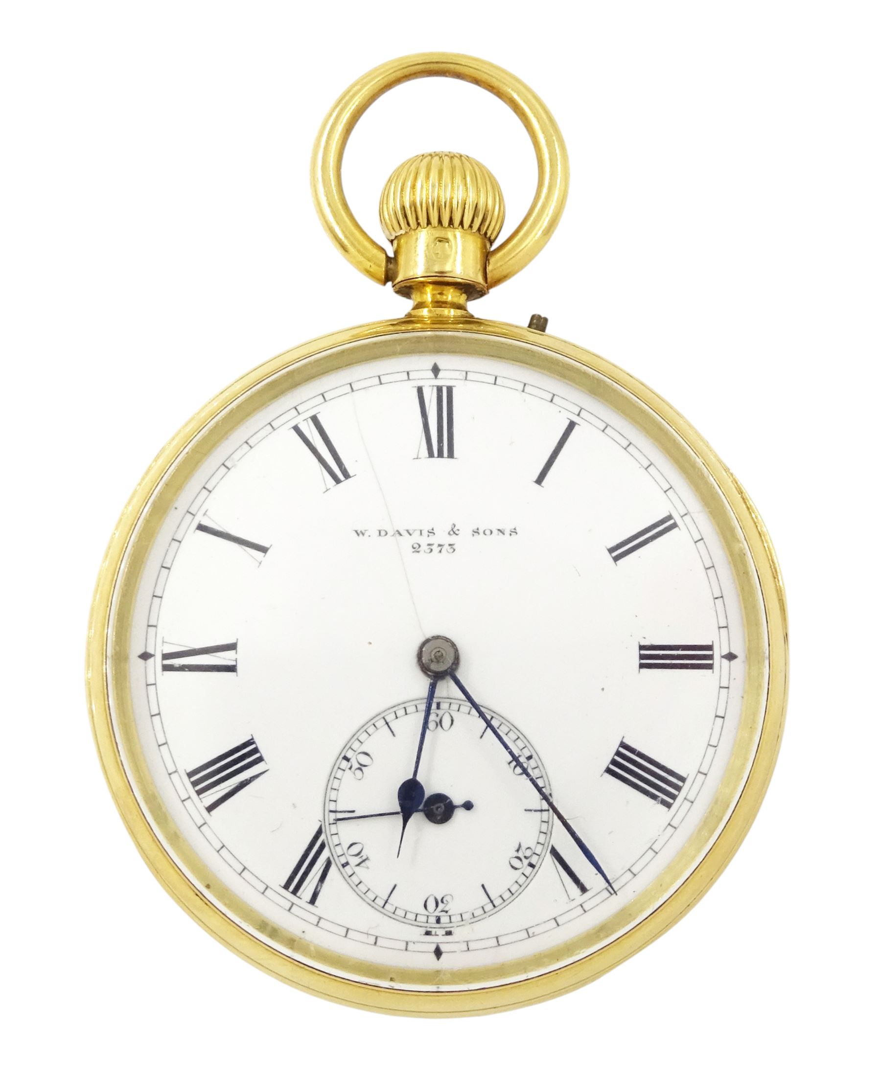 Early 20th century 18ct gold open face keyless lever pocket watch by W. Davis & Sons, Birmingham, No. 2373, white enamel dial with Roman numeral hour markers and subsidiary seconds dial, back case monogrammed with initials, markers mark AS, London 1928