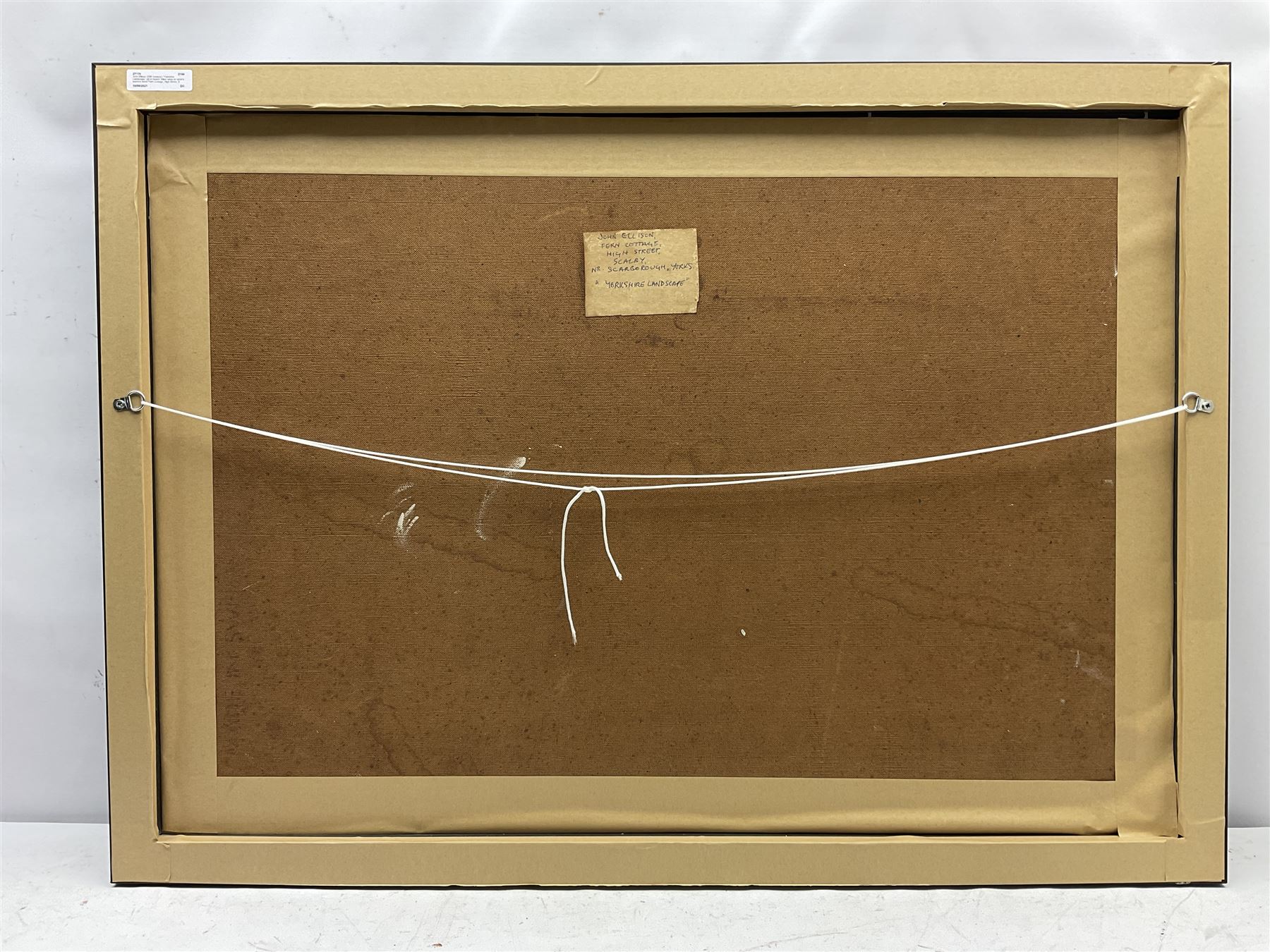 John Ellison (British 1932-2005): 'Yorkshire Landscape', oil on board, titled verso on artist's address label 'Fern Cottage, High Street, Scalby, Scarborough' 60cm x 85cm 
Notes: Ellison was a part-time lecturer within the Art Department of Scarborough Technical College in the 1960s, before moving on to become a Senior Lecturer at Guilford School of Art.