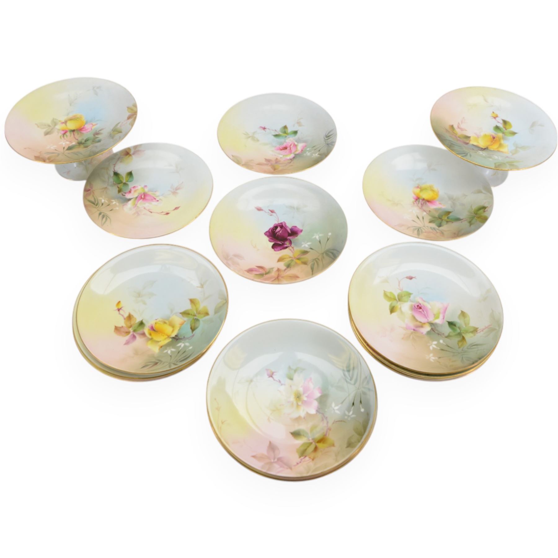 Royal Worcester dessert service with hand painted roses, comprising twelve plates and four comports and two tazza
