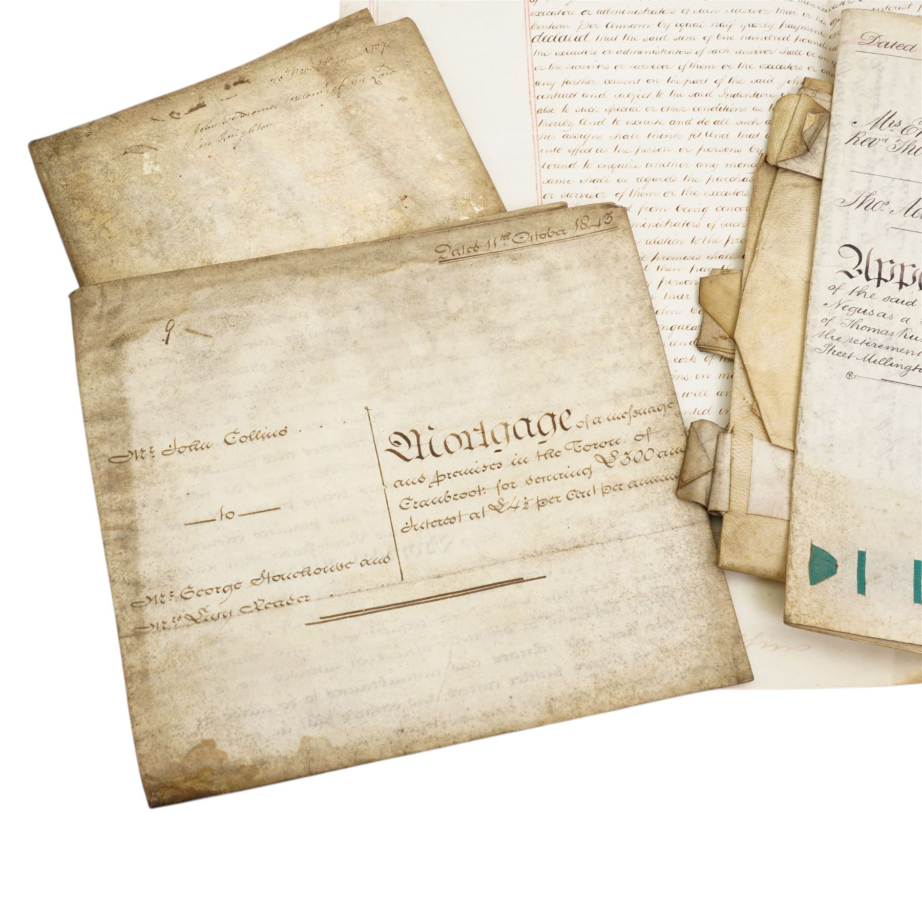William and Mary indenture 1691,  Queen Anne indenture between John Waldrom of Oadby and George Durnor, mortgage document and other indentures