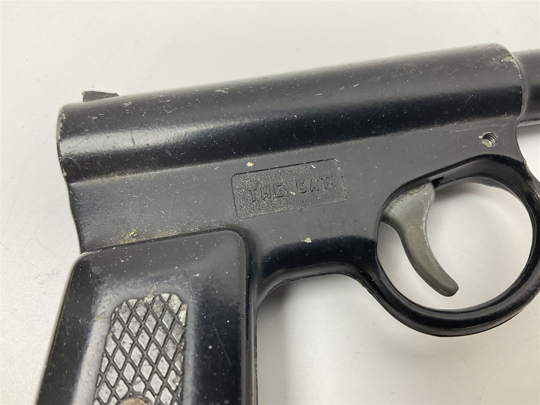 Webley & Scott Premier .177 over lever air pistol, no.2360, with chequered bakelite grip L24cm overall; Diana SP50 .177 plunge barrel air pistol; and T.J. Harrington & Son 'The Gat' .177 plunge barrel air pistol; NB: AGE RESTRICTIONS APPLY TO THE PURCHASE OF THIS LOT (3)