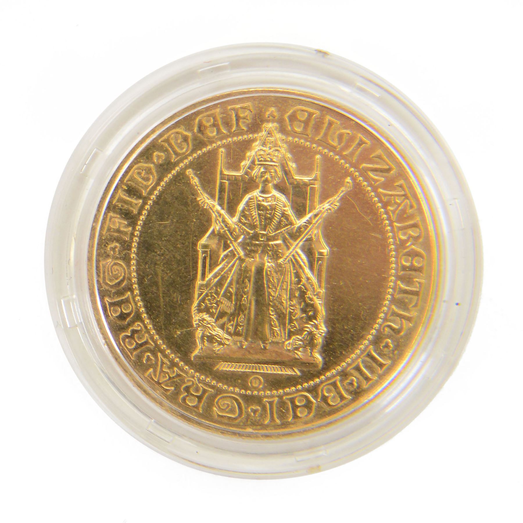 Queen Elizabeth II 1989 '500th Anniversary of the First Gold Sovereign ' gold brilliant uncirculated five pound coin, cased with certificate