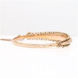 Edwardian 9ct rose gold bangle, with engraved decoration and wirework and bead work surround, Chester 1904