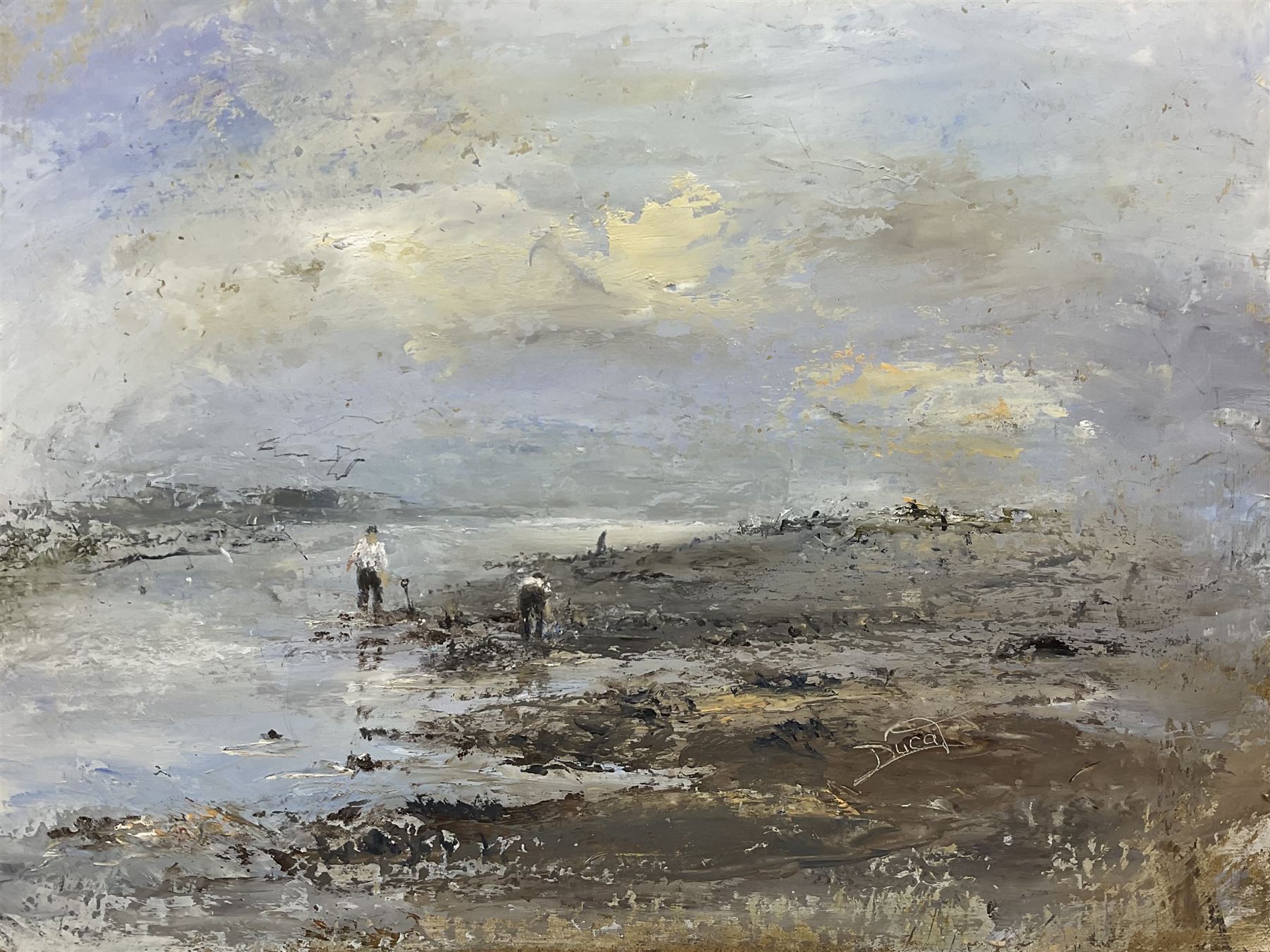 Ducat (British 20th century): 'Digging for Bait at Monkey's Island Blyth', oil on board signed, titled verso 30cm x 40cm (unframed)