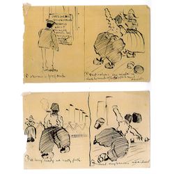 Frank Henry Mason (Staithes Group 1875-1965): Kermis Time at the Hotel Spaander Volendam - seven comical caricature sketches, pen and ink each titled and numbered 1 - 7 on five pieces of paper each 10cm x 17cm (unframed) Provenance: from the estate of Christine Dexter and by descent from the artist's sister Eleanor Marie (Nellie)