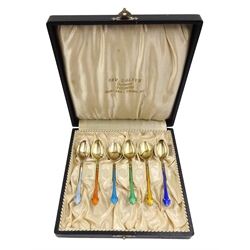 Set of six early 20th century Norwegian silver and guilloche enamel coffee spoons by Nils Erik Elvik, retailed by Sev .Dalbye, Tromso, cased