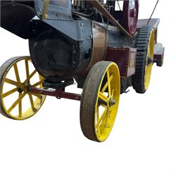 Mid-20th century scratch-built red and yellow painted live-steam scale model of a Showman's Traction Engine, 'Supreme' S.A. Oates & Sons, the simulated full length planked wooden canopy with brass supports and rope edging, with regulator, hand brake, chain steering , dynamo and water feed controls 19cm flywheel, 32cm diameter rear wheels with solid rubber tyres and 21cm diameter front wheels L102cm; together with scratch-built ride-on two-wheel trailer L58cm, and various brass rally plaques for 1980s/1990s.
This is a large, most interesting and comprehensive live-steam working model in need of re-furnishment and some repairs, the boiler has not been tested.