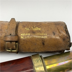 Victorian military brass and walnut cased three-draw telescope inscribed Ellott (sic) Brothers 56 Strand London with broad arrow mark, L42cm extended, in original leather carrying case with gilt maker's name (Elliott); another brass and mahogany three-draw pocket telescope; and 19th century brass and green cased single draw pocket telescope in card carrying case (3)