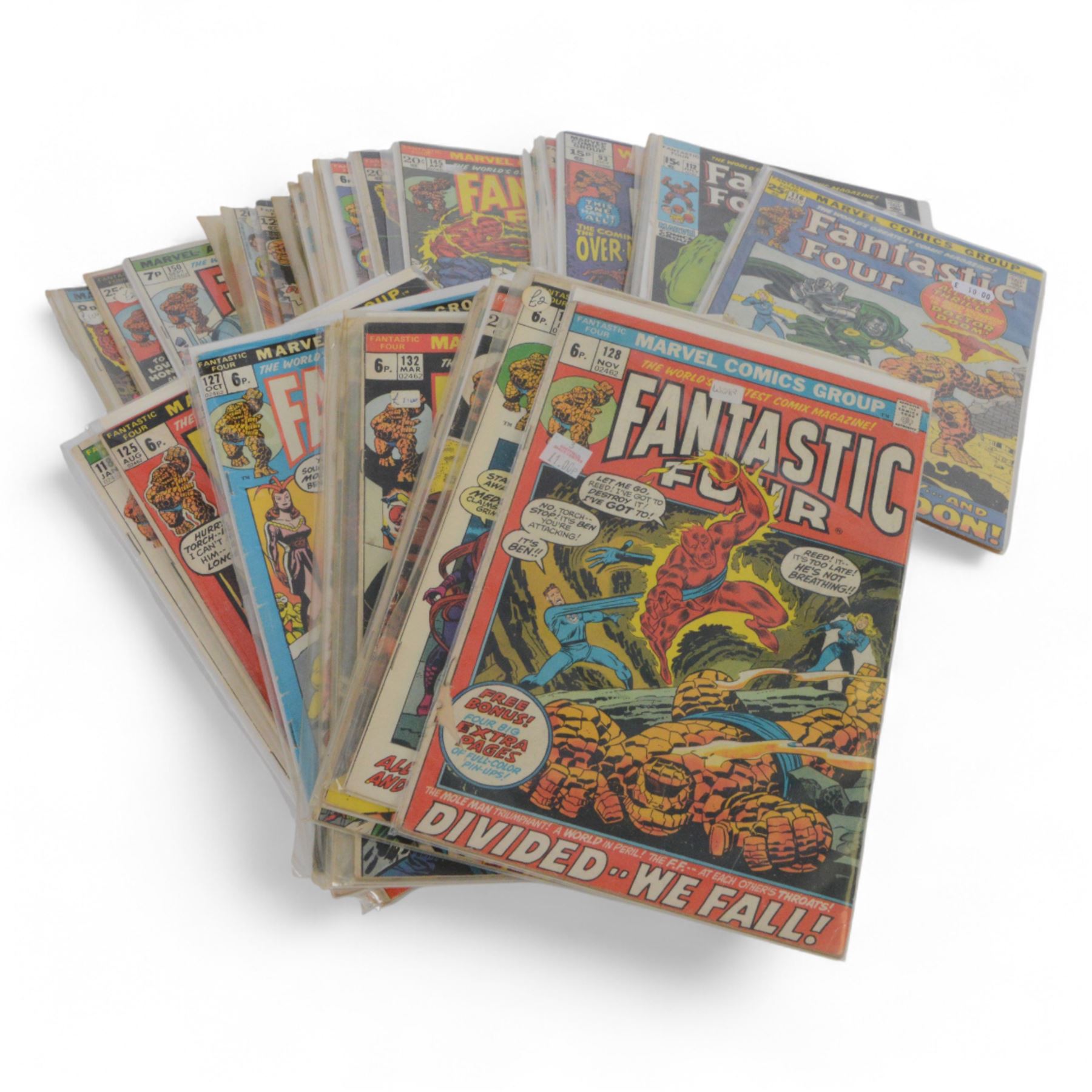 Forty Marvel mostly Bronze Age 'The Fantastic Four' comic books, spanning years 1969-1981, comprising #90, #93, #99, #101, #107, #112 (appears to be a reprint), #116, #118, #125, #126, #127, #128, #129, #130, #131, #132, ##133, #134, ##135, #136, #137, #138, #139, #141, #142, #143, #144, #145, #146, #147, #148, #149, #150,   #151, #152, #153, #154, #166, #181, #233, #236, all bagged, some carded