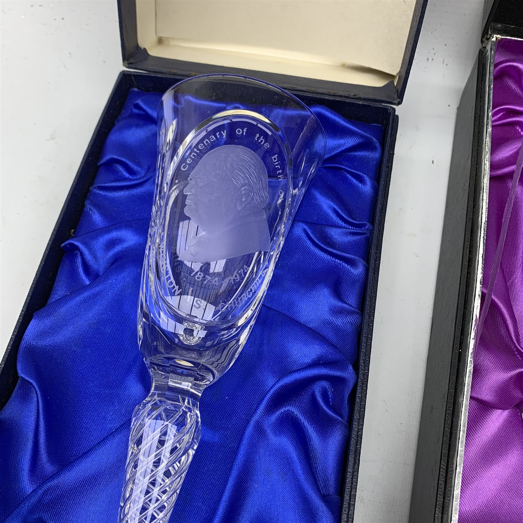 Edinburgh Crystal cased set of six port glasses together with a Webb Corbett Winston S. Churchill Commemorative Toasting Goblet, cased (2)