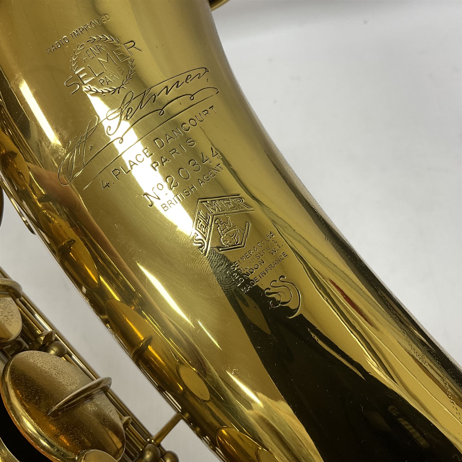 French Henri Selmer 1935 Radio Improved Tenor B flat Saxophone No 20344, with a velvet lined hard case
One of only 550 produced in that year