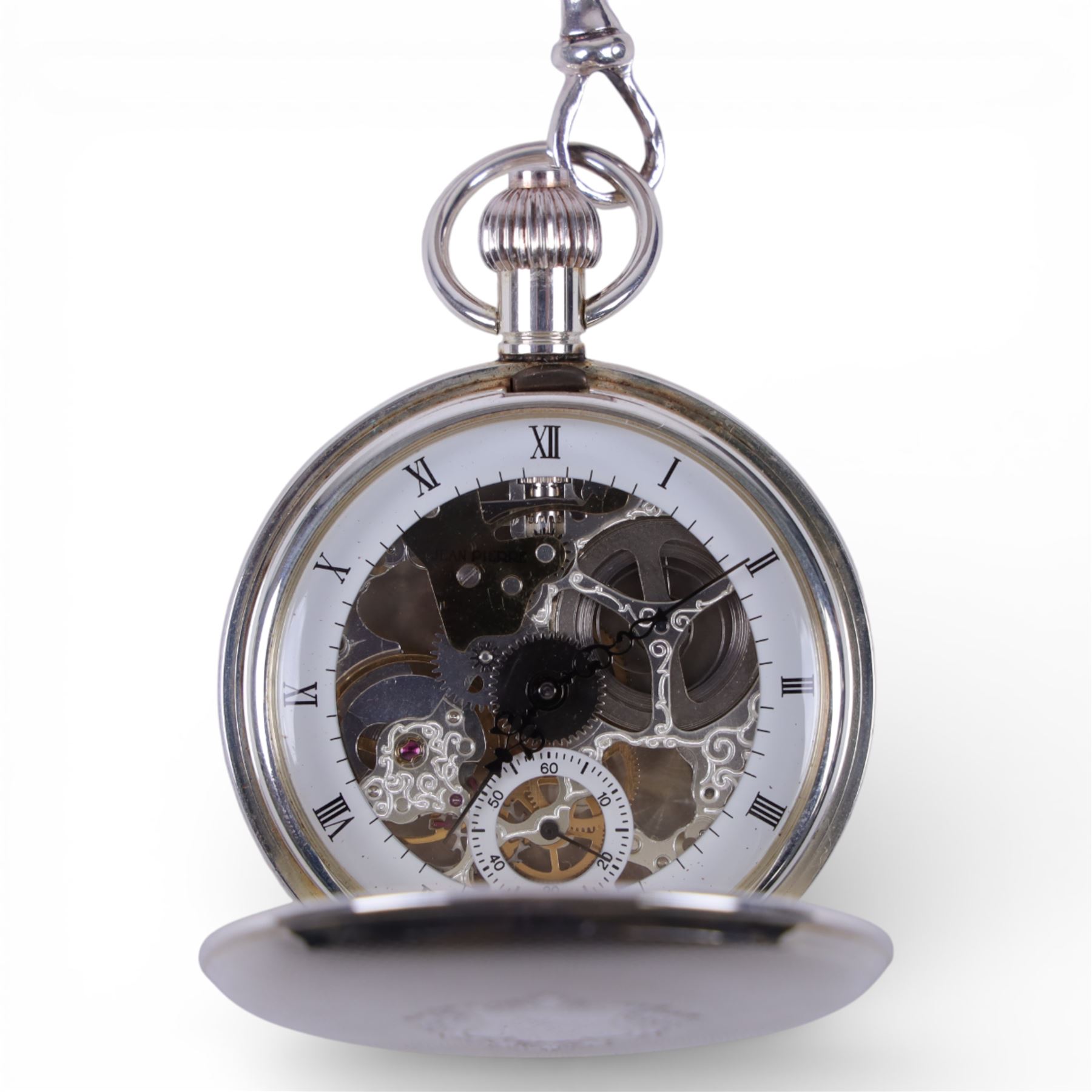 Silver cased Jean Pierre pocket watch with visible escapement, boxed