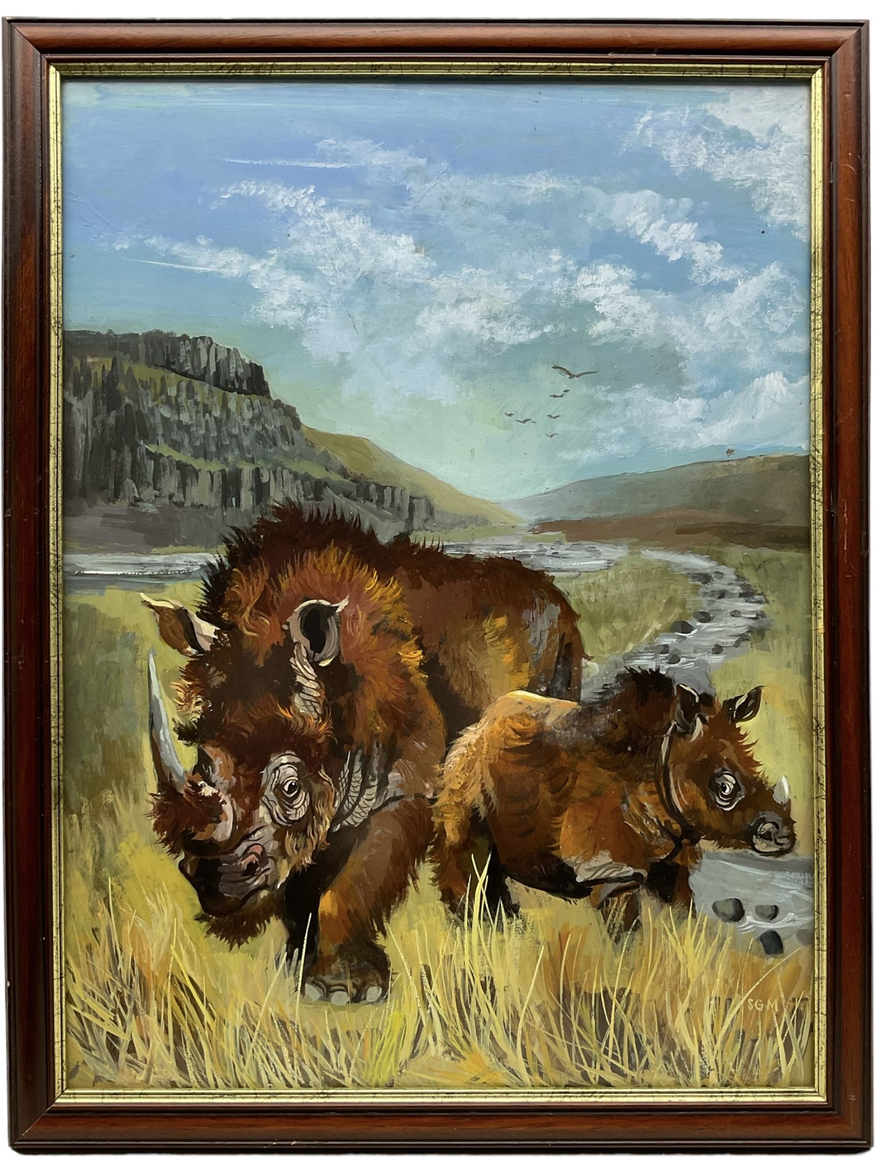 Sheila Gertrude Mackie (Northern British 1928-2010): Sumatran Rhinoceroses in the Plains and Alligator in Volcanic Landscape, pair oils on board signed with initials max 51cm x 38cm (2)
Notes: these pictures are originals from the illustrations used in 'The Great Seasons’ by David Bellamy