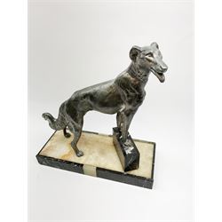 20th Century cast metal figure of a dog, on a marble edged base, H39cm