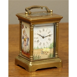  20th century miniature brass carriage clock with painted enamel dial and side panels, H8cm  