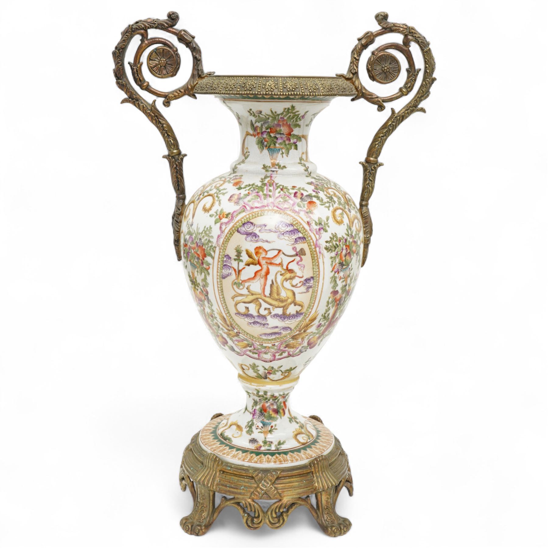 Wong Lee twin handled ceramic urn, with enamelled cherubs among animals and foliate decoration with bronzed metal mounts, upon a square base with paw feet, together with similar twin handled urn with enamelled floral decoration, marked to base, largest H48cm (2)