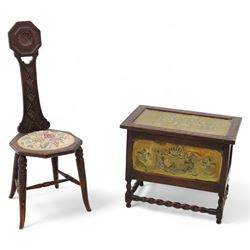 Early 20th-century carved hall chair with a floral needlework panel seat and an early 20th...