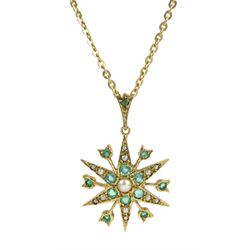 9ct gold emerald and pearl star pendant necklace, London 1993