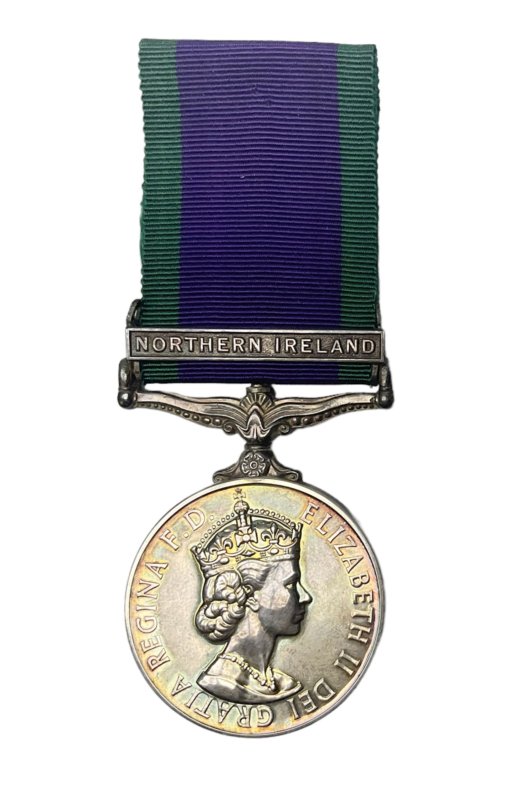 Elizabeth II General Service Medal with Northern Ireland clasp awarded to 24197417 Pte. S.P. Moylan R. Anglian; with ribbon