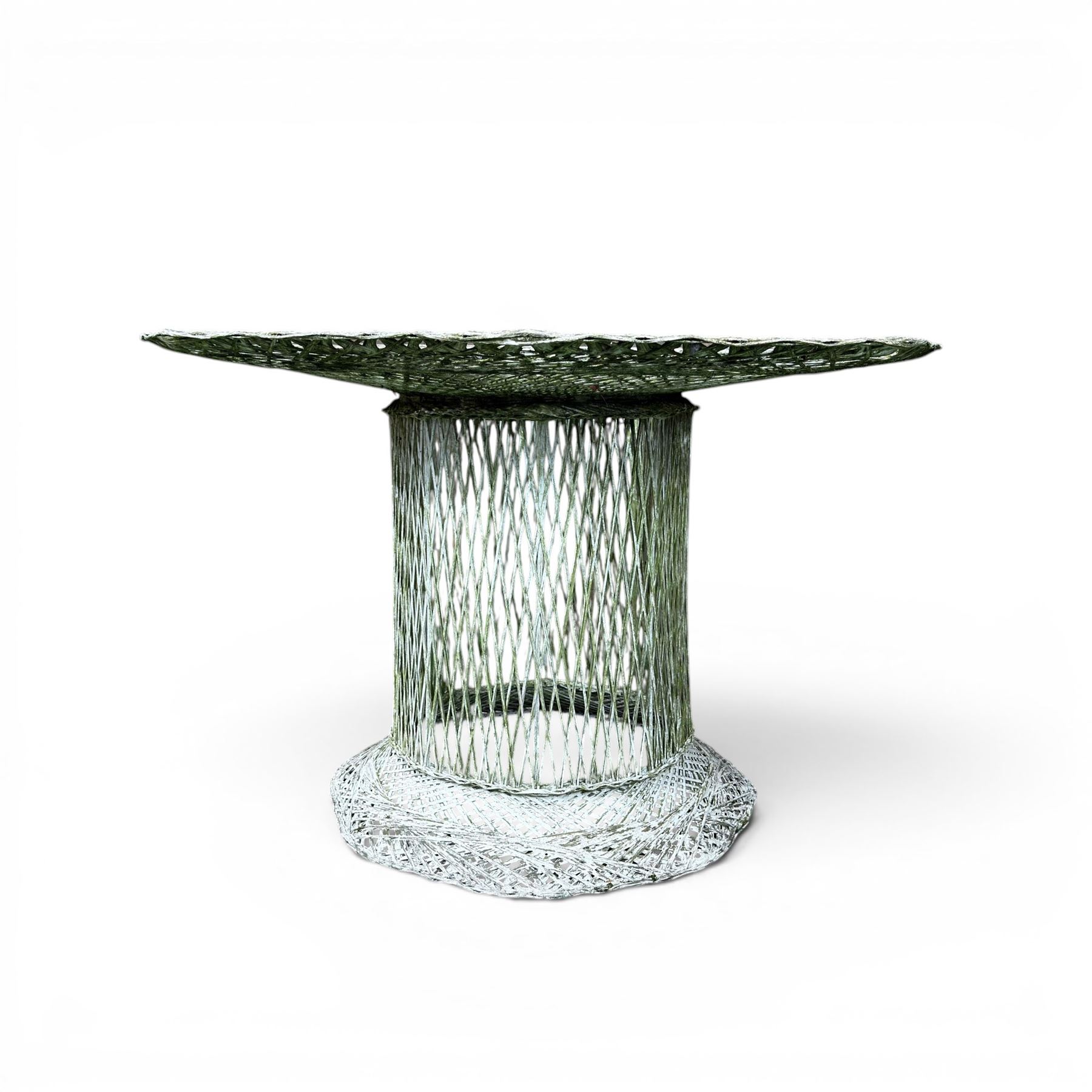 Two French early 20th century painted wicker octagonal garden tables, circular pedestals with parasol opening; with matching side table (3)