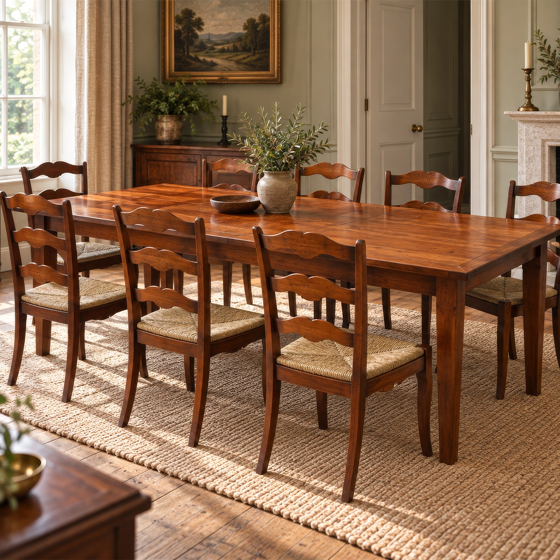 French cherry wood extending dining table, rectangular top on square chamfered supports with two additional leaves; with Batheaston - set of eight cherry wood waived ladder back dining chairs with rush seats (W46cm H98cm)