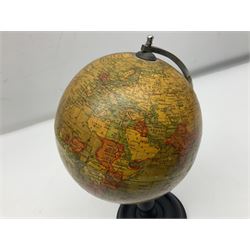 Early 20th century Geographia 6-inch terrestrial globe, raised on turned ebonised base