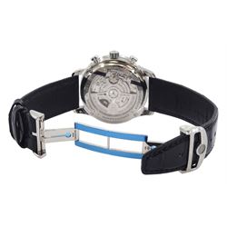 IWC (International Watch Company) Portugieser gentleman's stainless steel automatic chronograph wristwatch, Ref. IW371609, black dial with subsidiary dials at 12 and 6 o'clock for continuous seconds and 30 minute recording, on original black leather strap, boxed with warranty card dated 05.12.2023