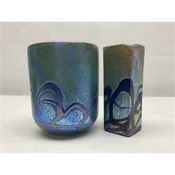 Two Isle of White glass vases, by Alum Bay Glass, both with blue swirl design upon an iridescent mottled blue/green ground, together with a Gozo Glass vase of pebble form, with similar design, H12cm