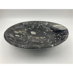 Circular dish with a raised goniatite, with orthoceras and goniatite inclusions, age: Devonian period, location: Morocco, D22cm, H5cm
