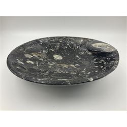 Circular dish with a raised goniatite, with orthoceras and goniatite inclusions, age: Devonian period, location: Morocco, D22cm, H5cm
