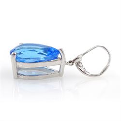 Pair of 18ct white gold Swiss blue topaz and diamond earrings, each pendant set with a single pear cut topaz suspedning from a two stone diaond set bail, stamped 750