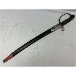 Mid-19th century Custom’s officer/Constabulary sidearm, with plain 60.5cm slightly curving fullered blade double edged at tip,  steel knucklebow and downswept quillon, stepped pommel and ribbed fishskin grip; in leather covered scabbard with steel locket, frog stud and chape L76cm overall