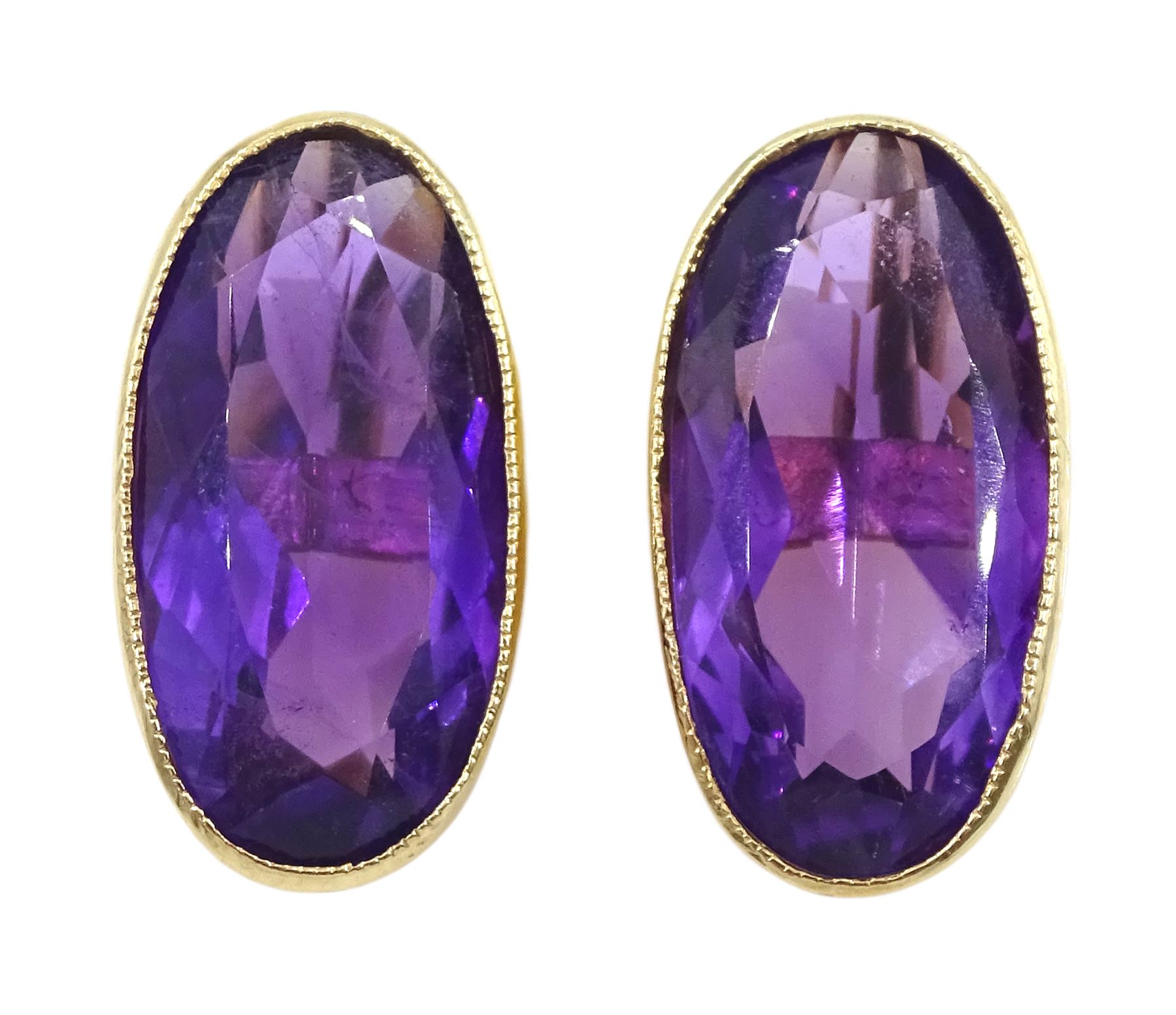 Pair of 9ct gold oval cut amethyst, screw back earrings, stamped