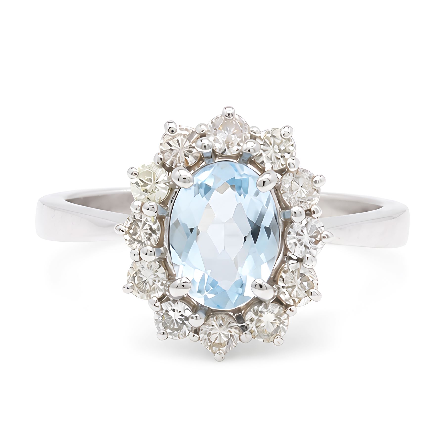 18ct white gold aquamarine and diamond cluster ring, single oval cut aquamarine of approx 0.85 carat, surrounded by twelve round brilliant cut diamonds, hallmarked, total diamond weight approx 0.50 carat