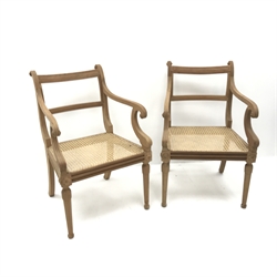 Pair cherry wood framed armchairs, shaped cresting rail, scrolling arms, cane work seat, tapering supports, W57cm