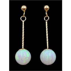Pair of 9ct gold opal pendant earrings, stamped 375