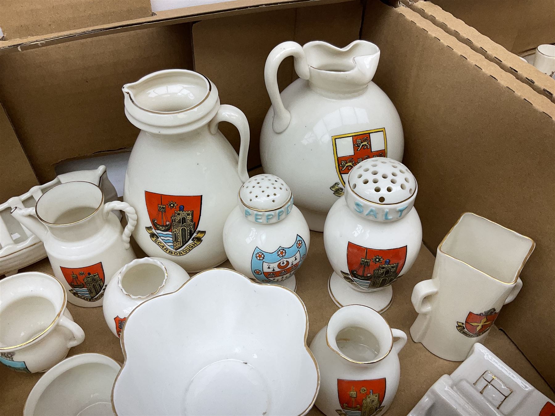 Collection of W H Goss crested ware, to include Yorkshire Roman Ewer, Scarborough ancient jug