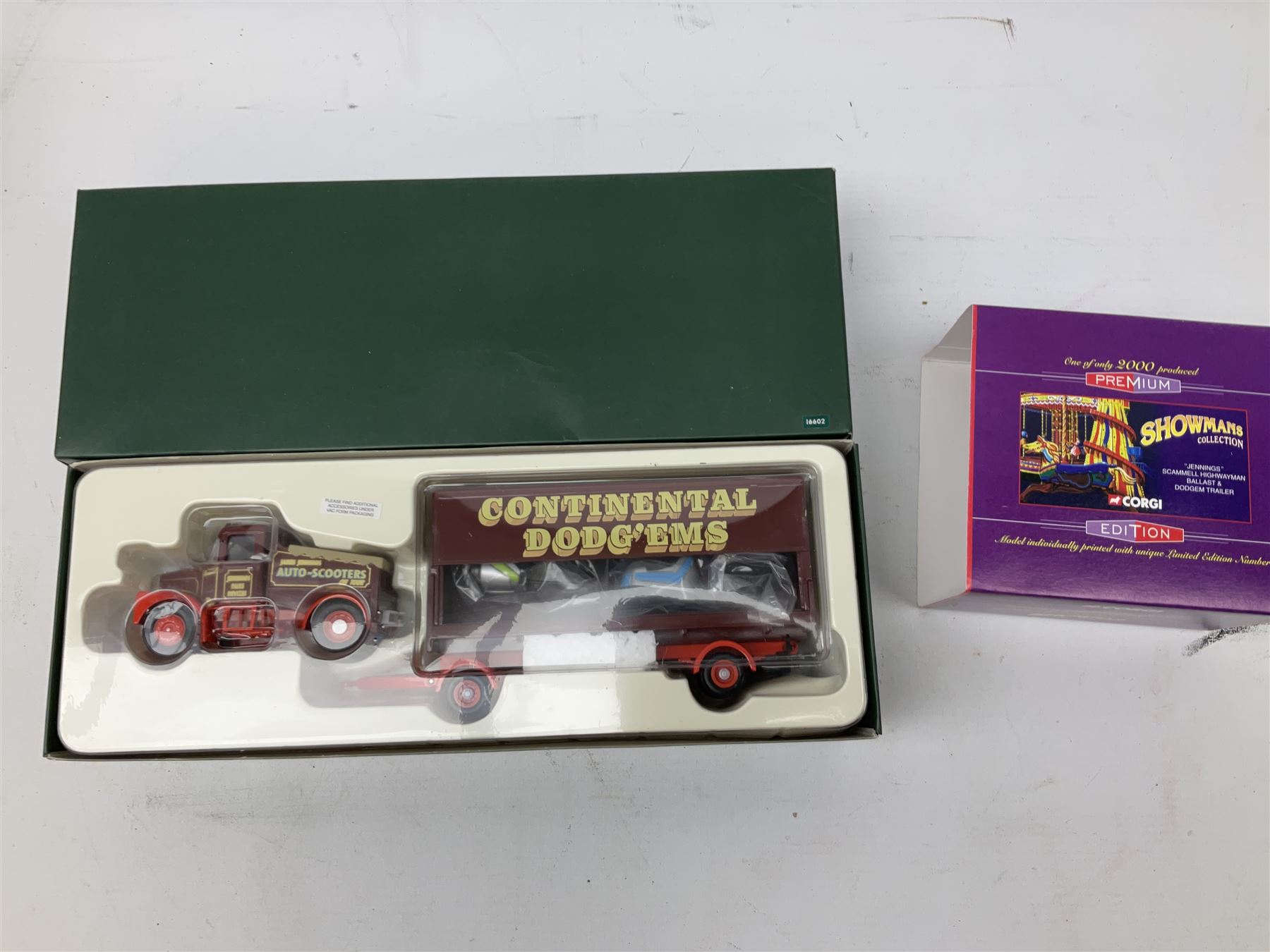 Corgi Premium limited edition - three Showman's Collection die-cast models comprising 07413 John Biddall Funfair Land Rover; 16602 Jennings Scammell Highwayman Ballast and Dodgem trailer; and 55609 John Thurston Diamond Ballast; together with three British Rail models comprising CC11606 Albion Reiver Platform Lorry and Tank Container Load; CC11301Scammell Scarab; and CC11001 Thames Trader Flatbed; all boxed (6)
