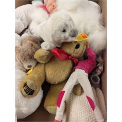 Steiff seal and a Steiff bear, Canterbury bear, Cabbage Patch doll and other soft toys