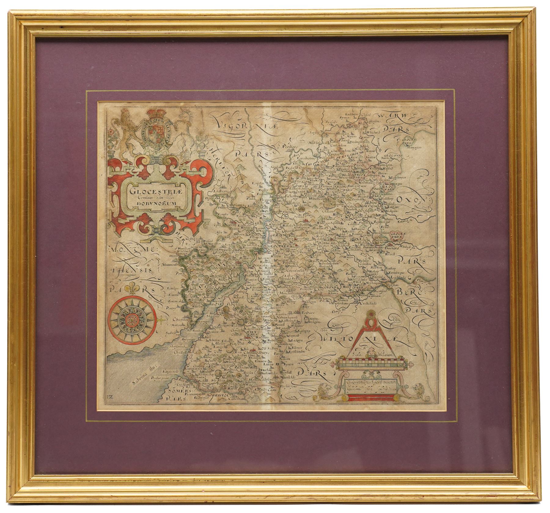 Christopher Saxton (British 1540-1610): 'Glocestriae comitatus olim sedes Dobunorum' (1627), early 17th century engraved map with hand-colouring pub. c.1627, 29cm x 33cm