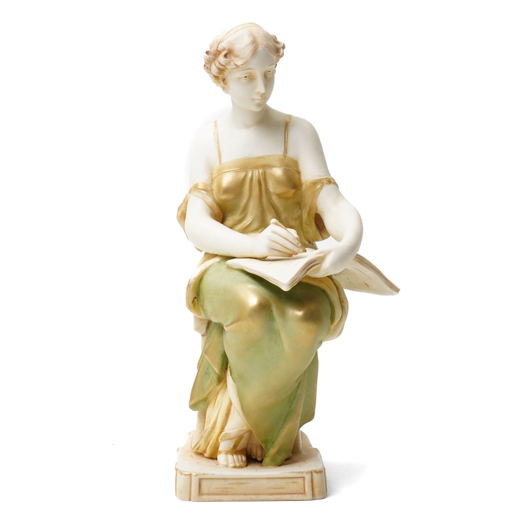 Ernst Wahliss for Royal Vienna classical female figure seated on a pillar writing in a book on gilt lined base H27cm 