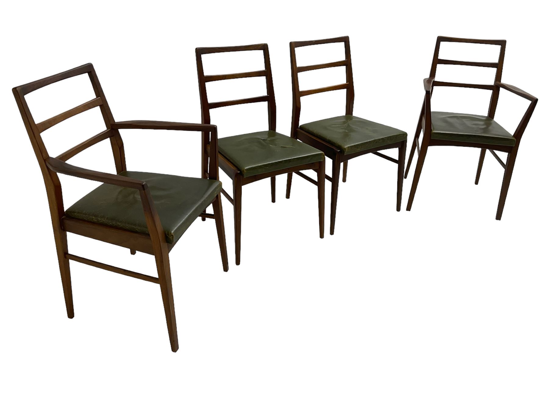 Richard Hornby for Fyne Ladye - set of six (4+2) mid-20th century dining chairs, ladder back over green faux leather upholstered drop-in seat, on tapering supports