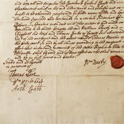 William and Mary period Obligation Bond between William Busby and Thomas Martin, with seal November 1692 approx 30cm x 19cm
