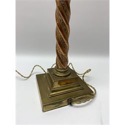 Early 20th century brass and copper Corinthian column table lamp, the square stepped brass base leading to a spiral twist copper column and brass Corinthian capital, H44.5cm 