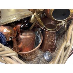 Copper and brass warming pan, with turned wooden handle and a collection of other copper and brass items, including planter, kettles, colander, etc together with a wooden gardeners trug and a twin handled wicker basket